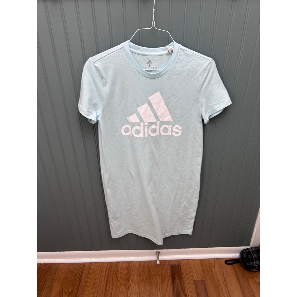 Adidas Womens Essentials Logo T-Shirt Dress Light Blue White HL2151 Small NWT